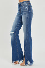 RISEN Full Size High Rise Flare Jeans with Front Slit & Frayed Hem