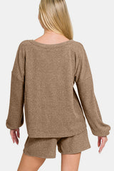 Zenana V-Neck Ribbed Lounge Set - Stylish Long Sleeve Top & Comfy Shorts