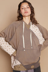 POL Floral Patchwork Distressed Hoodie with Drawstring and Pockets - Unique Style & Comfort