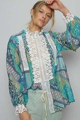 Women's Lace Detail Printed Button Down Shirt by POL - Elegant & Versatile