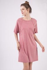 VERY J Washed Cotton Round Neck Mini Tee Dress with Pocket