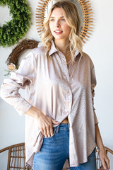 Elegant Full-Size Ditsy Dot Satin Shirt - Chic Button Down with Collared Neckline