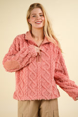 VERY J Women's Cozy Fuzzy Fleece Half Zip Sweatshirt with Cable Pattern & Corduroy Elbow Patches
