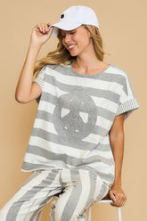 Umgee Peace Sign Patch Striped French Terry T-Shirt - Stylish and Comfortable Casual Wear