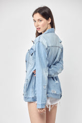 RISEN Women's Full Size Distressed Long Sleeve Denim Jacket - Vintage Style