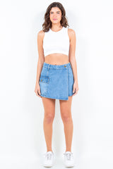 American Bazi Cargo Pocket Denim Skort - Trendy Mini Length with Button Waist