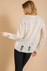 Kori America Heart Pattern Distressed Sweater - Trendy Knitwear for Women