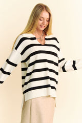 Davi & Dani High-Low Striped Sweater with Side Slits - Chic Johnny Collar Design