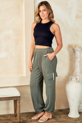 Hailey & Co Textured Rib Cargo Pants with Contrast Twill Tape & Button Detail