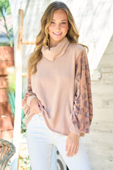 Hailey & Co Women's Leopard Sleeve Color Block Knit Top - Mock Neck, Relaxed Fit