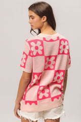 BiBi Flower Checker Pattern Short Sleeve Sweater - Chic & Stylish