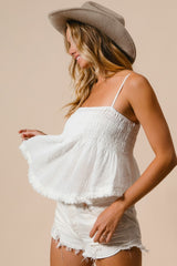 BiBi Fringed Hem Smocked Cami Top - Trendy Bohemian Style