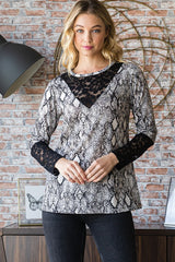 Heimish Snakeskin Print Round Neck Top with Lace Contrast – Fashionable and Flattering