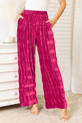 High Waist Velvet Wide Leg Pants with Pockets - Tiered Shirring Design