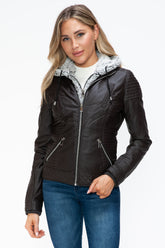 YMI Women's Layered Look Double-Zipper Jacket with Fuzzy Hood - Chic Faux Outerwear
