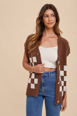 Stylish Checkered Button Down Short Sleeve Cardigan for Women by Annie Wear