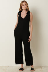 Mittoshop Women's Rib Knit V-Neck Jumpsuit with Cross Back - Trendy & Versatile