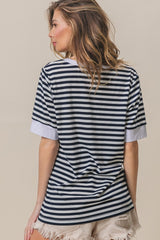 BiBi Contrast Striped Notched Knit Top - Chic & Versatile Modern Fashion