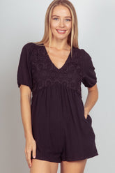 Chic Lace Detail Puff Sleeve Romper with Pockets - 100% Cotton