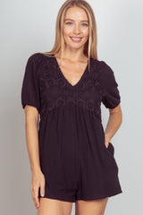 Chic Lace Detail Puff Sleeve Romper with Pockets - 100% Cotton
