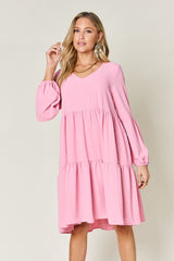Elegant V-Neck Balloon Sleeve Tiered Dress with Pockets - Perfect for Every Occasion