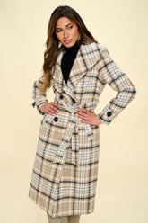 Coalition LA Double-Breasted Plaid Coat with Belt - Vegan Wool Fashion Outerwear