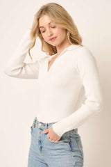 Mittoshop Women's Long Sleeve Ribbed Knit Polo Top - Chic V-Neck Sweater