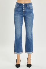 RISEN Women's Button-Fly Cropped Bootcut Jeans - Retro Style Denim