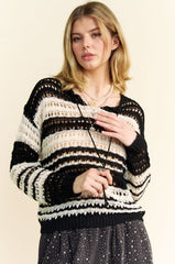 Davi & Dani Contrast Striped Crochet Knit Cover Up - Stylish Drop Shoulder Design