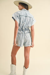 Annie Wear Women's Elastic Waistband Denim Romper with Short Sleeves
