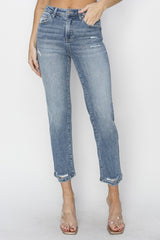 RISEN High Waist Distressed Cropped Jeans - Trendy Full Size Denim