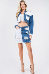 American Bazi Women's Contrast Patched Frayed Denim Distressed Skirt