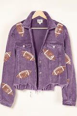 Trendy Football Sequin Embroidered Washed Corduroy Jacket by BiBi