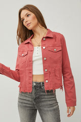 RISEN Raw Hem Button-Up Cropped Denim Jacket – Trendy & Versatile Style