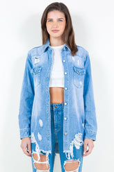 American Bazi Frayed Hem Distressed Denim Shirt Jacket - Versatile & Trendy Outerwear