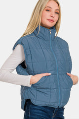 Zenana Women's Cropped Puffer Vest with Zip-Up Closure and Pockets