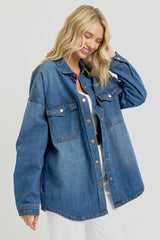 RISEN Women's Full Size Snap Down Long Sleeve Denim Shacket - Casual Layering Jacket