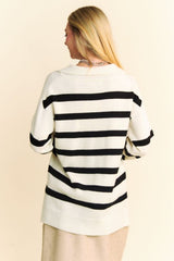 Davi & Dani High-Low Striped Sweater with Side Slits - Chic Johnny Collar Design