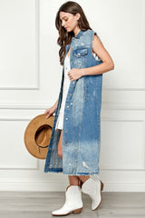 Veveret Full Size Sleeveless Distressed Longline Denim Jacket for Women