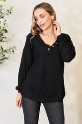 Zenana Women's Buttoned Long Sleeve Waffle-Knit Blouse - Soft & Stylish