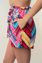 White Birch High Waisted Printed Knit Shorts with Adjustable Tie and Pockets