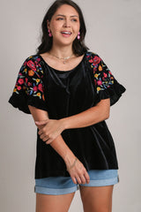 Umgee Full Size Velvet Embroidery Short Sleeve Blouse - Elegant Vintage Style