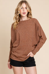 BOMBOM Drop Shoulder Long Sleeve Soft Rib Knit Top - Trendy & Comfortable