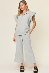 Women's Ruffle Short Sleeve Top & Drawstring Wide Leg Pants Set - Perfect for Effortless Style