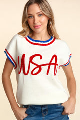 Trendy Letter Embroidery Slit Knit Top for Women - Chic Acrylic Fashion
