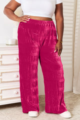 High Waist Velvet Wide Leg Pants with Pockets - Tiered Shirring Design