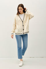 Trendy Contrast Trim Cable-Knit V-Neck Cardigan - Elegant & Fashionable