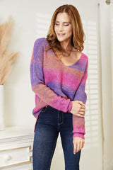 Multicolored Rib-Knit V-Neck Pullover Sweater with Relaxed Fit
