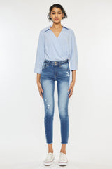 Kancan Women's High Waist Distressed Stretch Jeans with Raw Hem