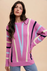 Annie Wear Chevron Stripe Ribbed Sweater - Trendy Round Neck Knitwear